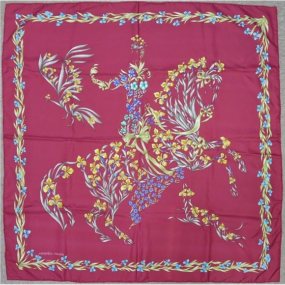 Hermes Silk Scarf - Rich Magenta with Floral Design - Picture 2 of 11